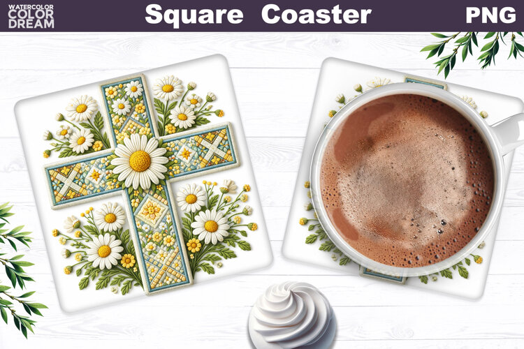 Easter Cross Square Coaster |Christian Religious Sublimation example image 1