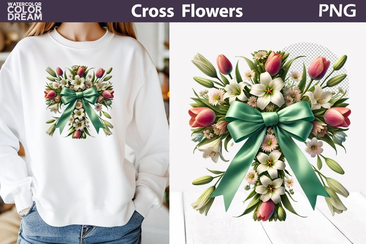 Cross Flowers Clipart | Easter Cross Sublimation example image 1