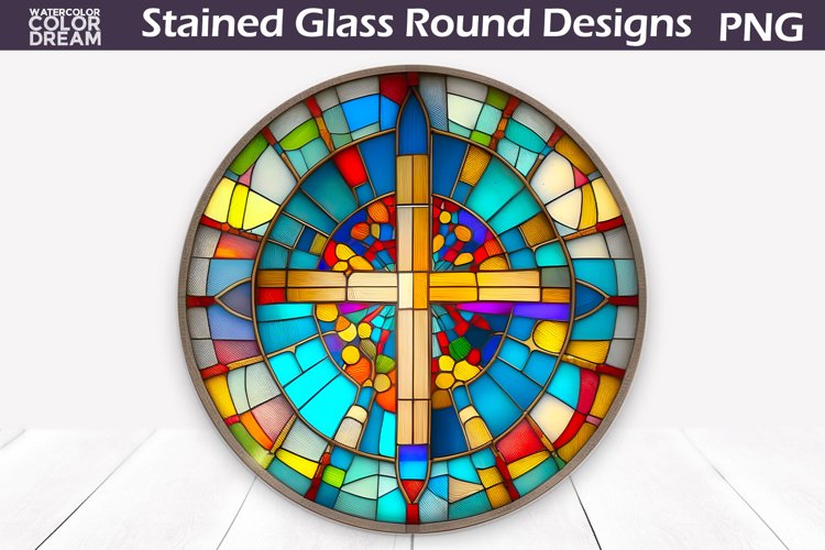 Cross Round Sublimation | Christian Cross Stained Glass example image 1