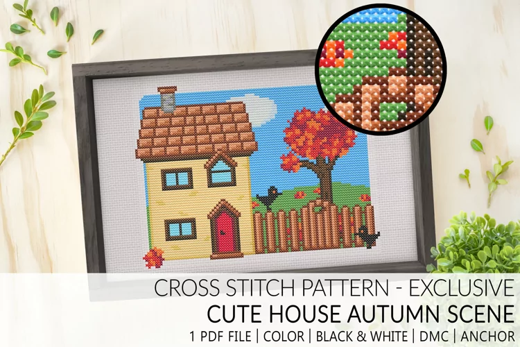 Cute House Autumn scene with red leafs Cross Stitch pattern