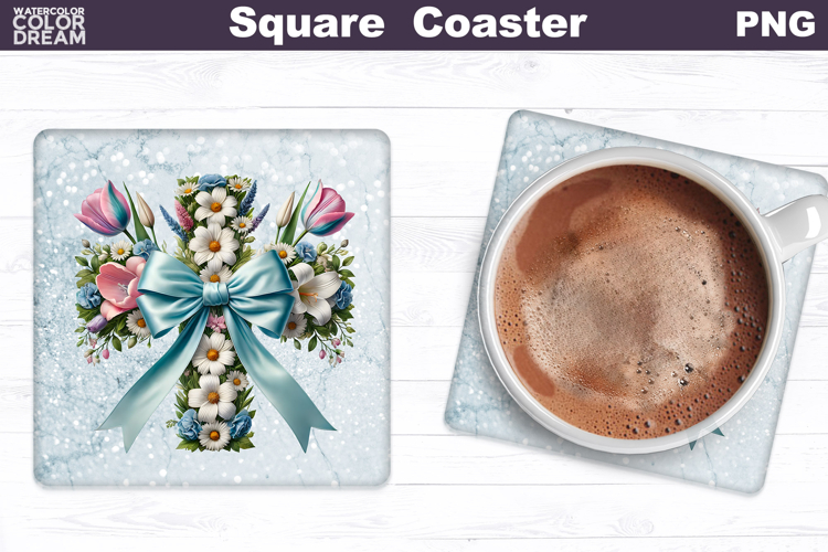 Cross Flowers Square Coaster | Easter Cross Square Coaster