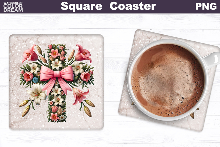 Cross Flowers Square Coaster | Easter Cross Square Coaster