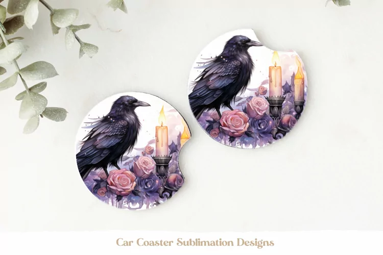 Crow Car Coasters | Watercolor Crow Sublimation Coasters Png