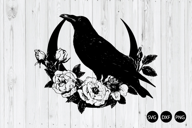Mystical Crow Moon clipart, Floral Raven SVG