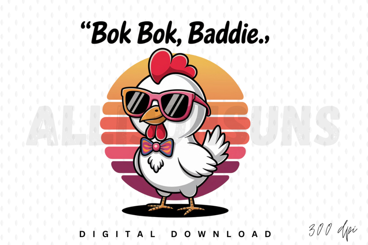 cartoon, chicken, sunglasses, bow tie, retro, sunset, gradient, background, funny, cool, style, vector, illustration, animal, bird, poultry, farm animal, character, design, cute, fowl, rooster, cock, retro sunset, sublimation, sublimation design, digital 