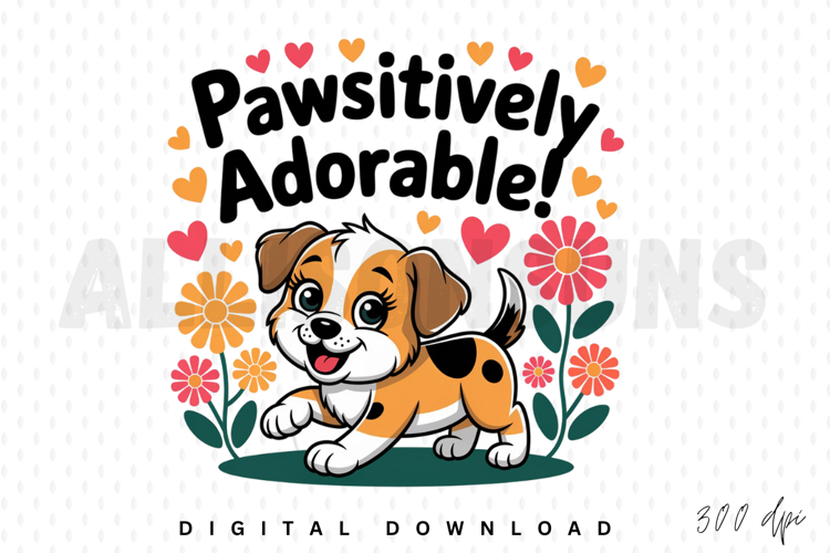 Cartoon Puppy Dog With Hearts And Flowers Graphic