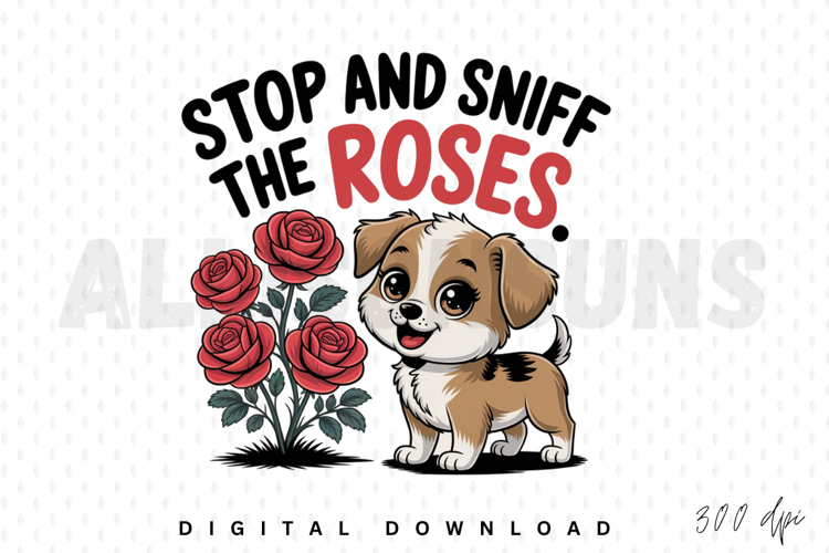 Cute Puppy Stop And Sniff Roses Illustration For Sublimation