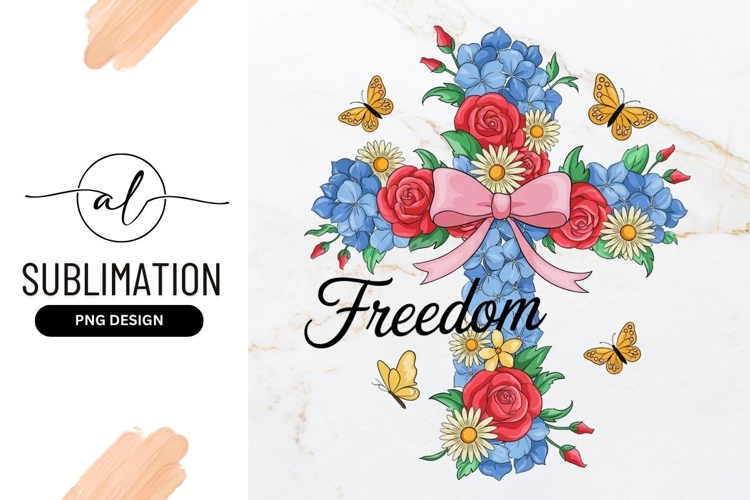 Floral Cross With Butterflies And Freedom Text Sublimation