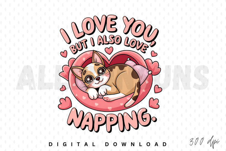 Cute Cartoon Cat Napping In Heart Bed Valentines Day Theme