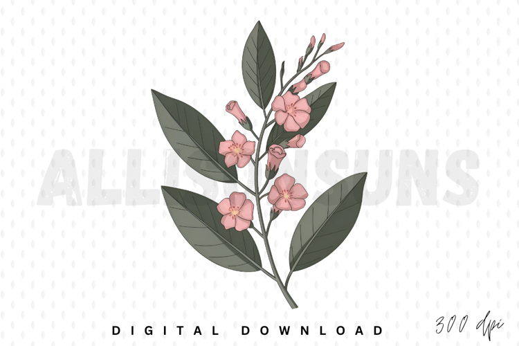 Elegant Pink Flower Branch Illustration With Green Leaves