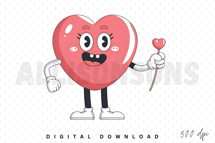 Retro Heart Cartoon Character Holding Love Lollipop