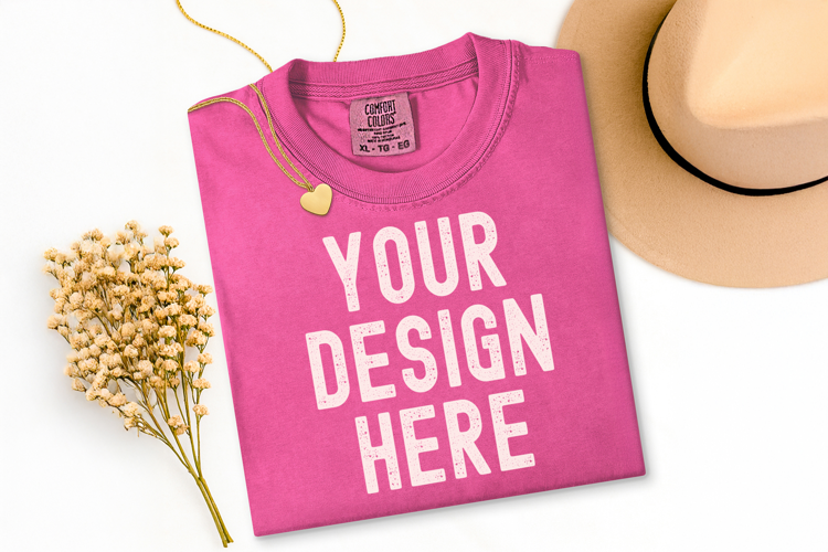 Comfort Colors C1717 Crunchberry Shirt Mockup, Flat Lay Mock