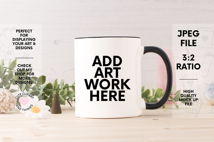 11oz Black Handle Mug Mock Up | Mug Mock Up With Leaves