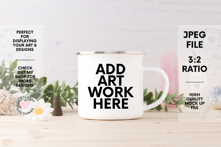 Camping Mug Mock Up | Enamel Mug Mock Up With Leaves Daisy