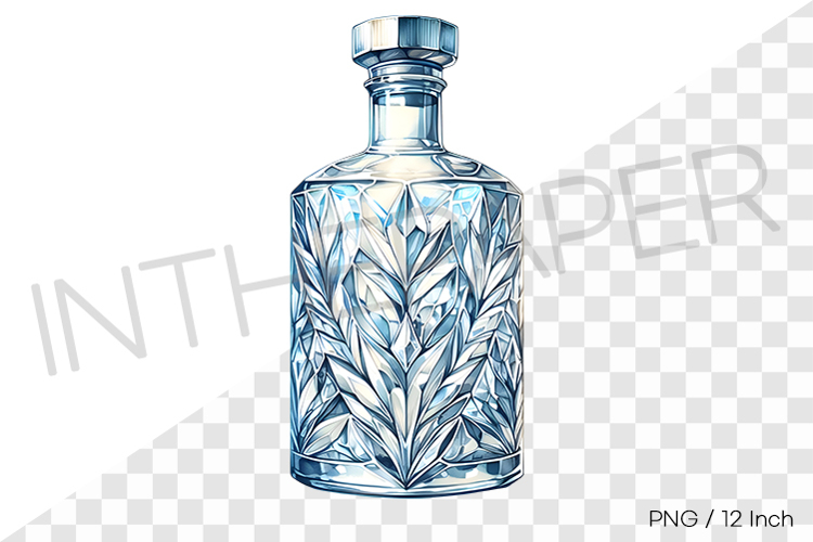 Classic botanical leaf engraved crystal empty bottle PNG art