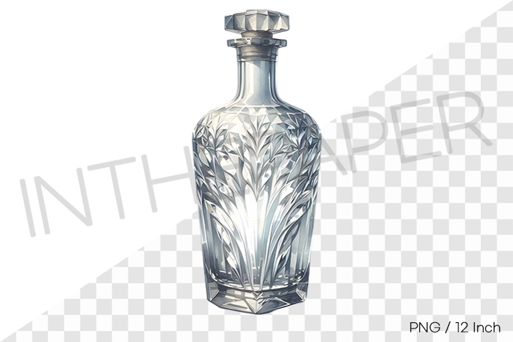 Traditional French style etched crystal empty bottle PNG art