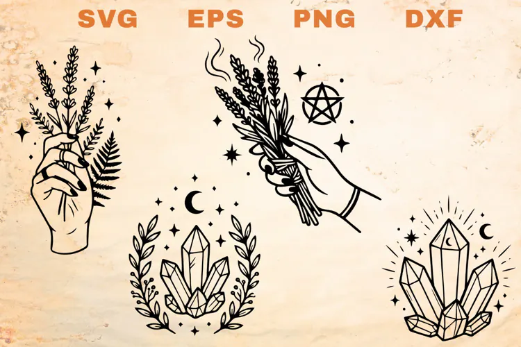Crystals and Hands holding Herbs SVG