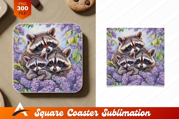Raccoon Family Portrait Surrounded By Lilacs Coaster Designs