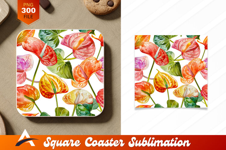 Watercolor Anthurium Flowers Seamless Pattern Coaster Design example image 1