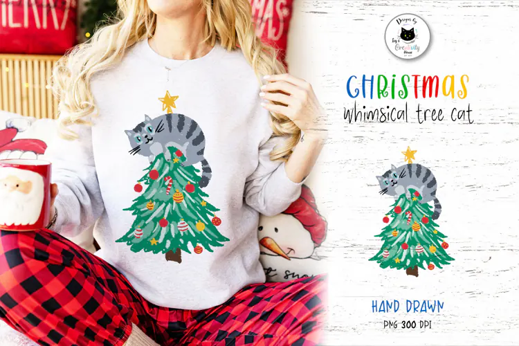 Funny Christmas Tree Cat PNG Clipart Design