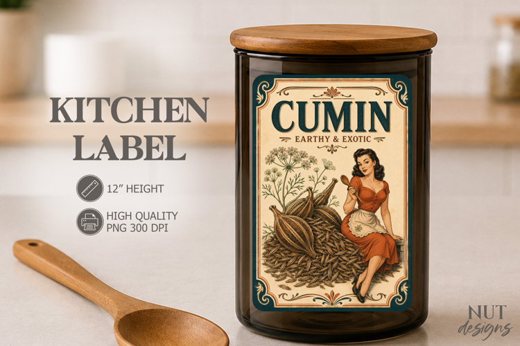 Pin up girl Vintage Cumin Spice Kitchen Label pantry label