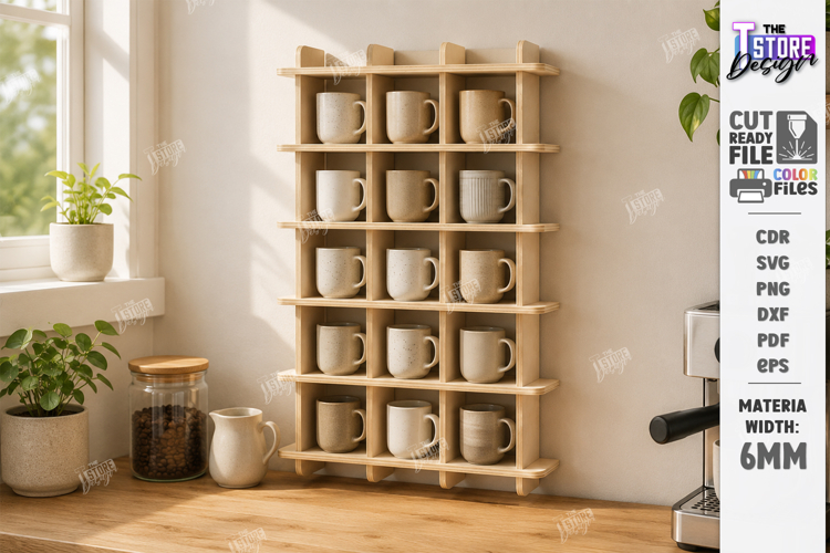 Mug Holder and Rack Laser Cut | 3D Cup Display Shelf