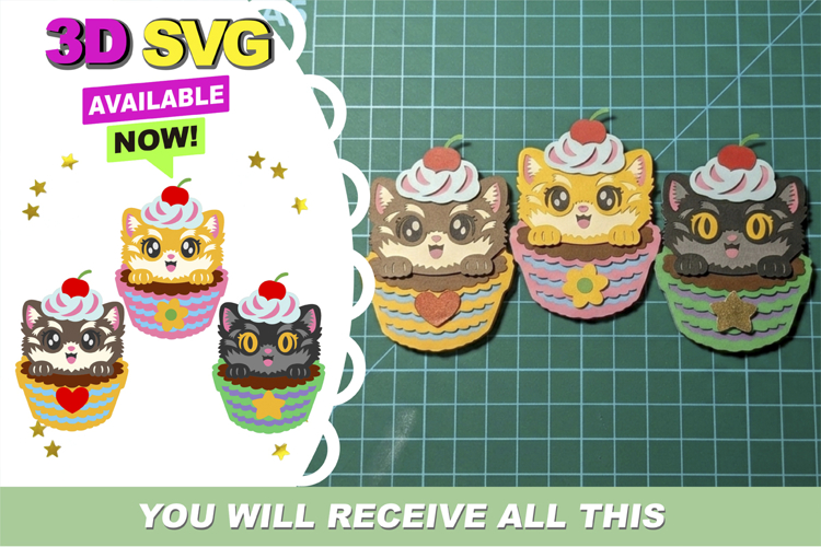 3D Cupcake Cats Kawaii SVG