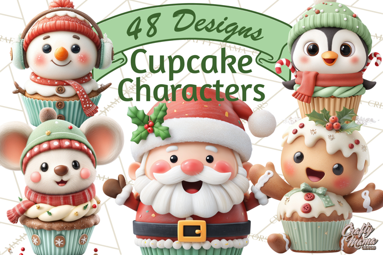 Christmas Cupcake Characters Clipart PNG, Cute Holiday Png