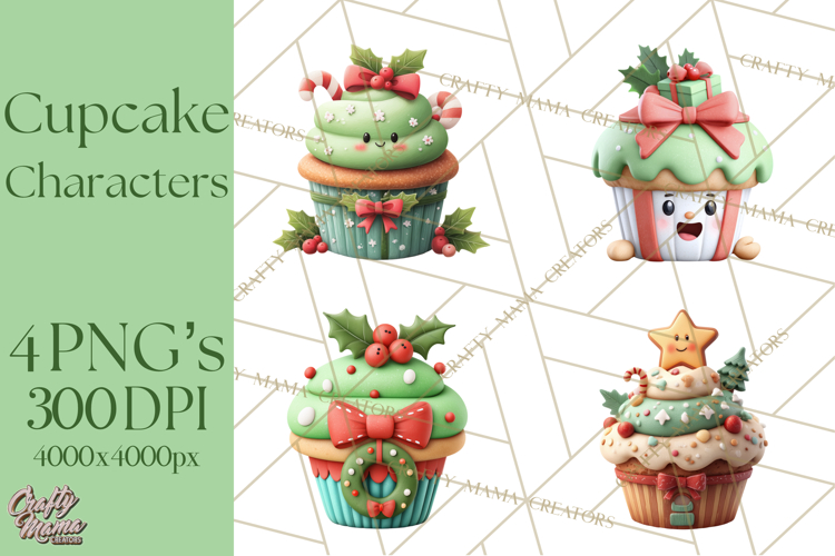 Christmas Cupcake Characters Clipart PNG, Cute Holiday Png