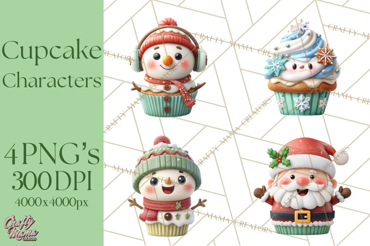 Christmas Cupcake Characters Clipart PNG, Cute Holiday Png
