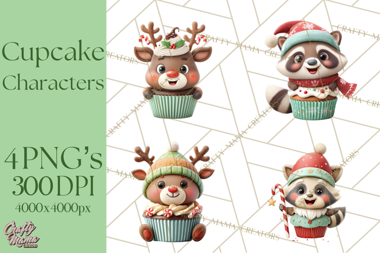 Christmas Cupcake Characters Clipart PNG, Cute Holiday Png