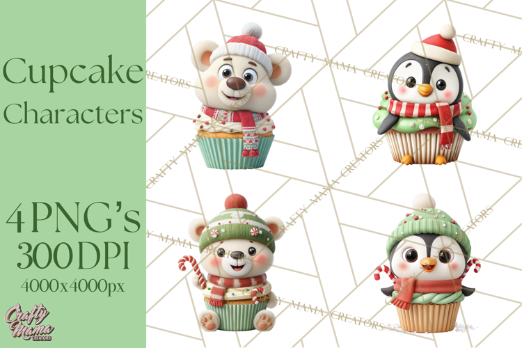 Christmas Cupcake Characters Clipart PNG, Cute Holiday Png