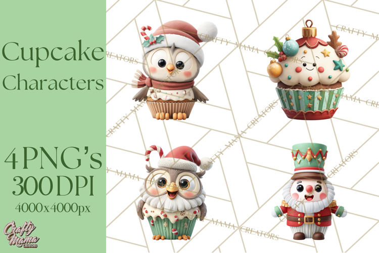 Christmas Cupcake Characters Clipart PNG, Cute Holiday Png