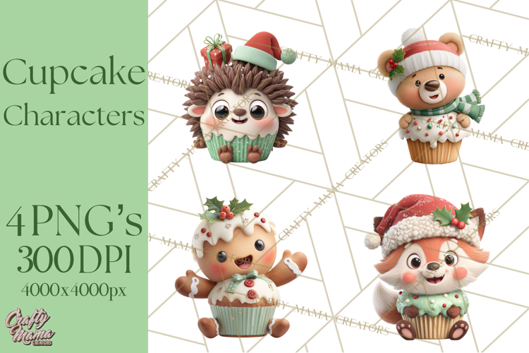 Christmas Cupcake Characters Clipart PNG, Cute Holiday Png
