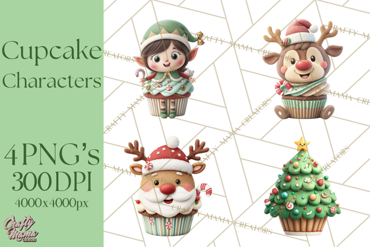 Christmas Cupcake Characters Clipart PNG, Cute Holiday Png