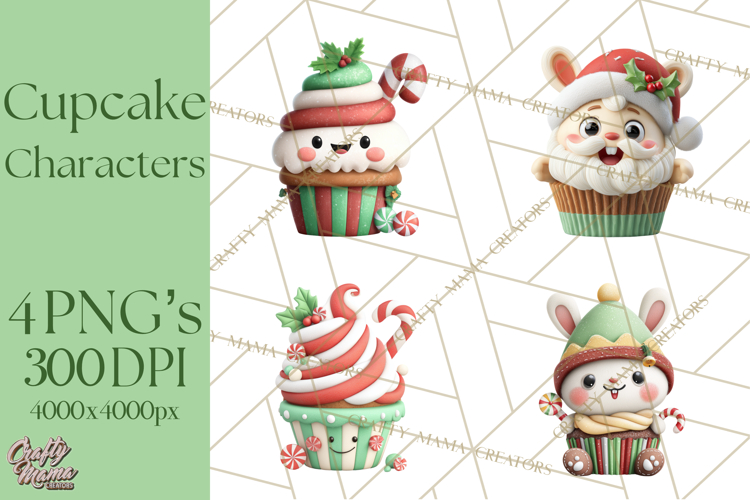 Christmas Cupcake Characters Clipart PNG, Cute Holiday Png