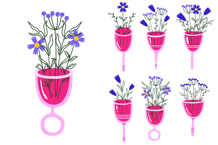 Menstrual Cup Floral Clipart Set. Menstruation PNG