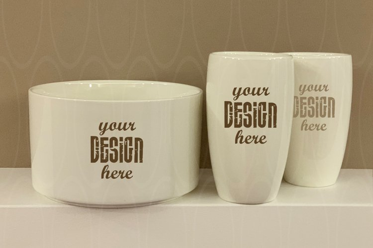 Mockup white bowl and two mugs Photography Kitchen dishes example image 1
