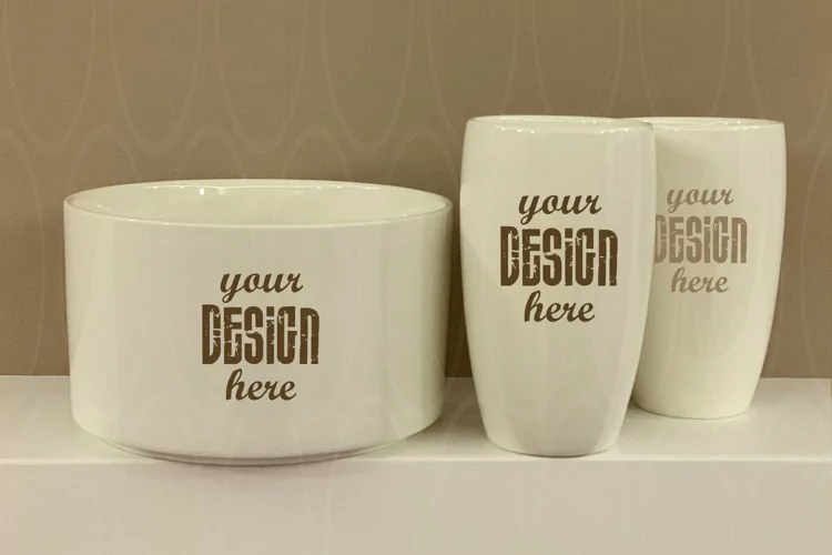 Mockup white bowl and two mugs Photography Kitchen dishes