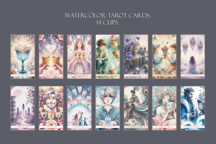 Watercolor 14 Tarot Card Suit of Cups Minor Arcana Bundle.