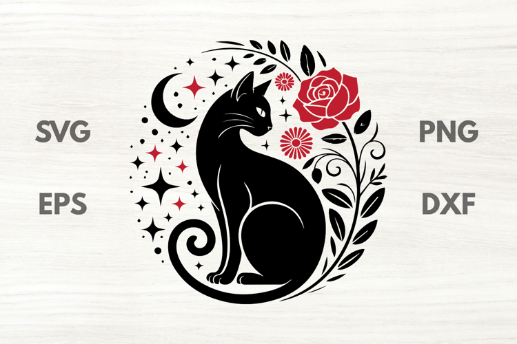 Witchy Rose Cat with Moon and Stars SVG