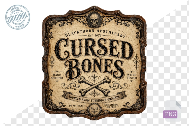 Cursed Bones Gothic Halloween Apothecary Label PNG Art