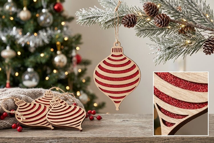 Curved Stripes Christmas Ornament SVG Wood Laser Cut example image 1