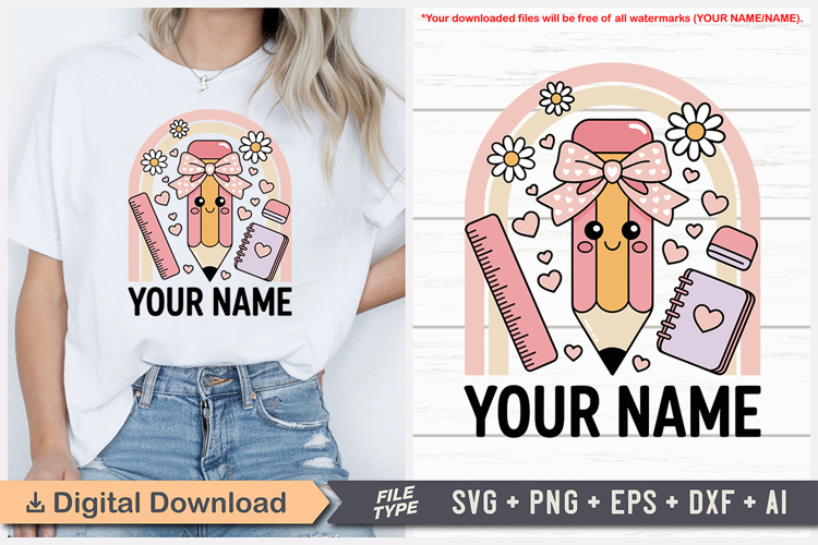 Custom Pencil and Boho Rainbow Name SVG | School Name Tag