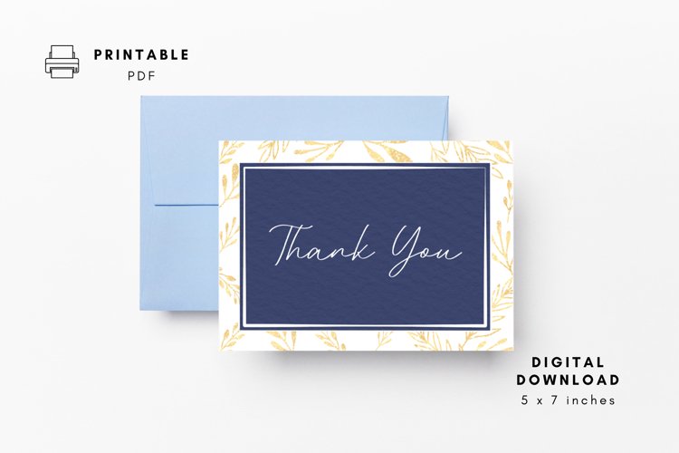 PDF Printable Blue Gold Thank You Card & Envelope Template