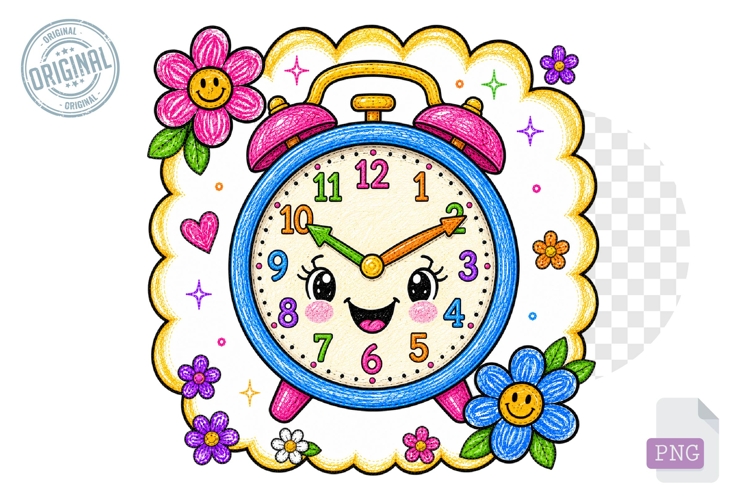 Cute Alarm Clock School Clipart PNG with Smiley Flowers