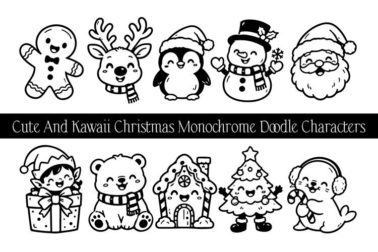 Cute And Kawaii Christmas Monochrome Doodle Characters example image 1