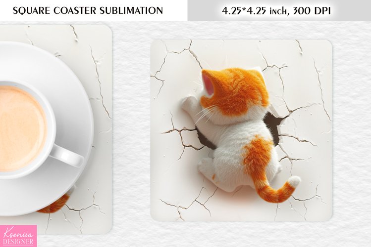 3d Cute Funny Cat Back View|Cracked Wall Square Coaster