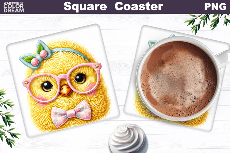 Cute Chicken Glasses Square Coaster | Easter Sublimation