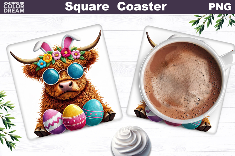 Highland Cow Square Coaster | Easter Sublimation